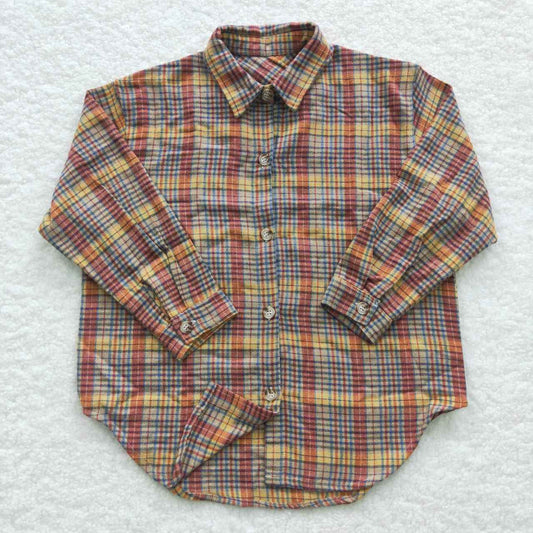 BT0241 brown plaid long sleeve Cotton girl boy top shirt  RTS 20230720