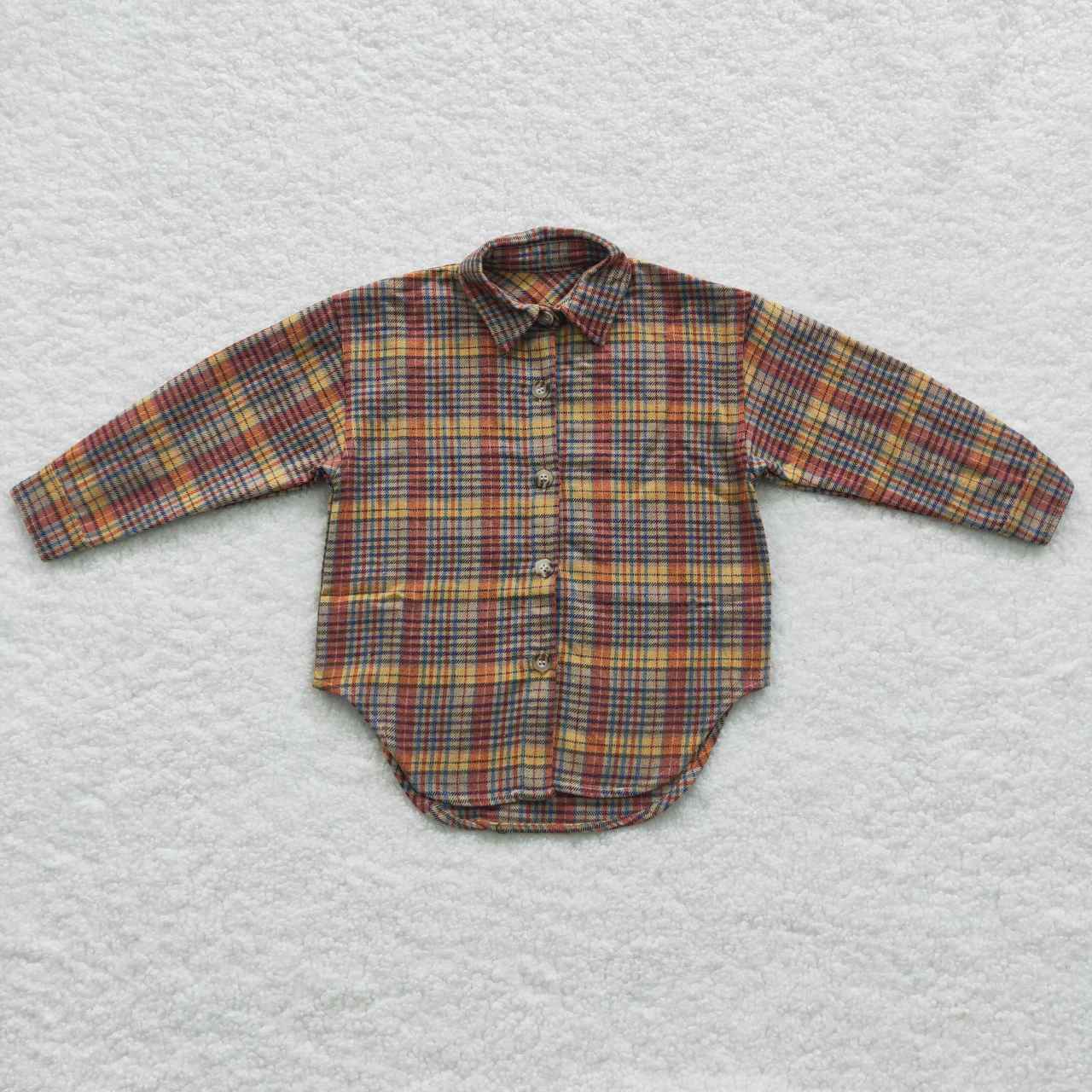 BT0241 brown plaid long sleeve Cotton girl boy top shirt  RTS 20230720