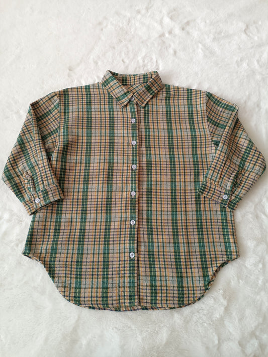 BT0242 brown green plaid long sleeve Cotton girl boy top shirt  RTS 20230601