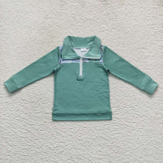 BT0335 RTS zipper western boots boy long sleeve green pullover  top