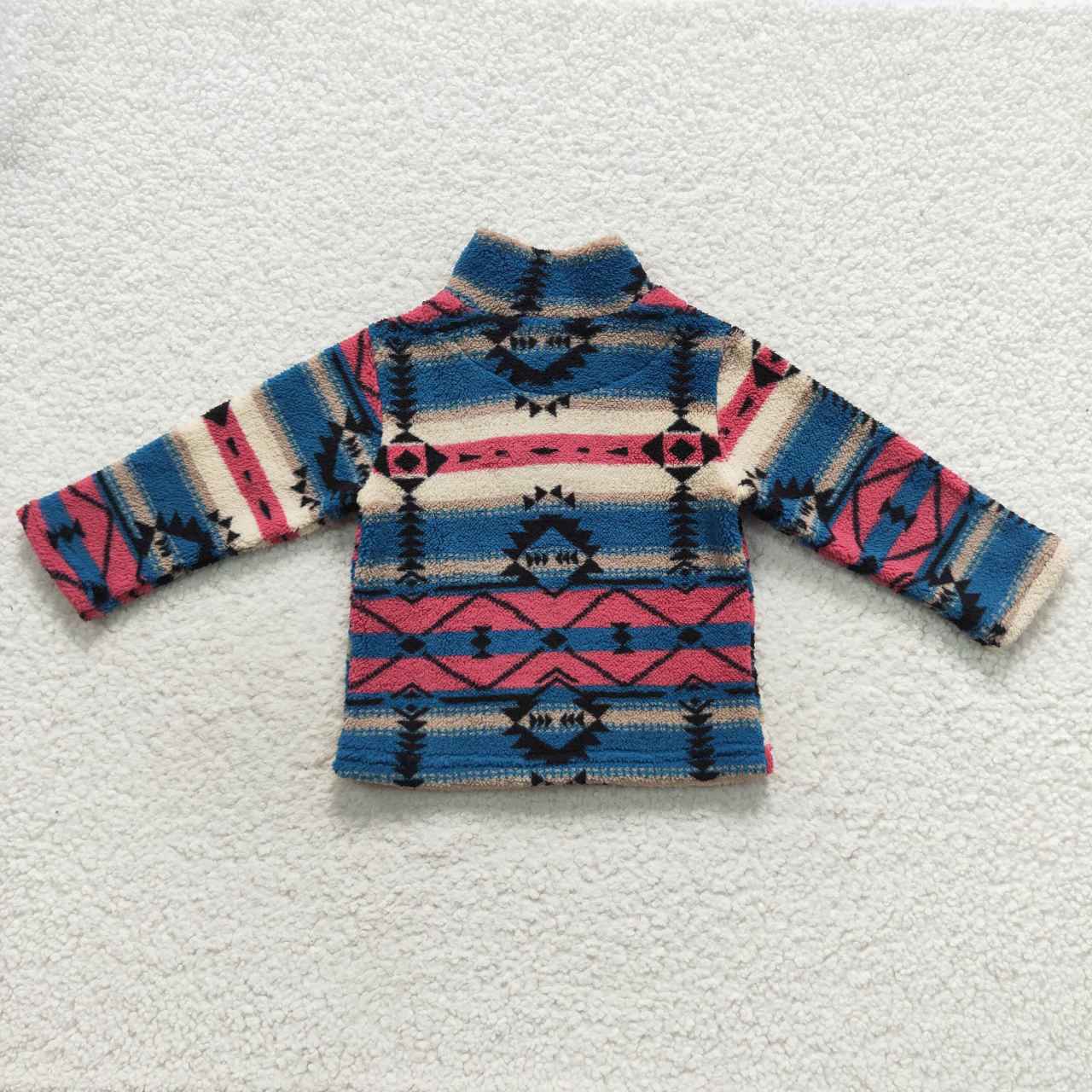 BT0353 Zipper plush style stand-up collar blue geometric soft comfortable winter coat 20230901
