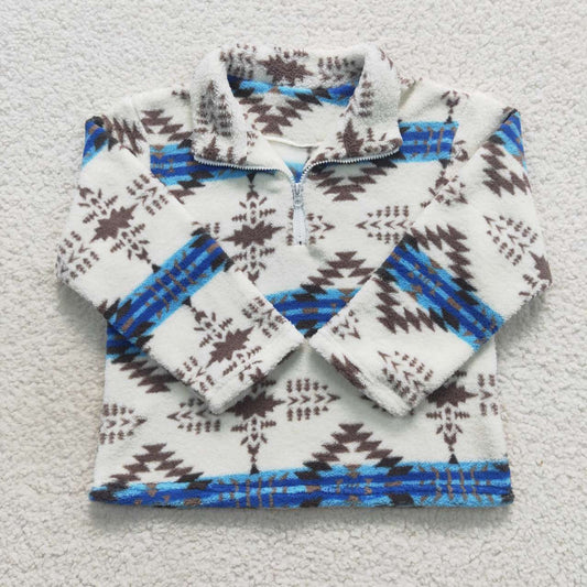 BT0354 Zipper plush style stand-up collar blue geometric soft comfortable winter coat 20230830