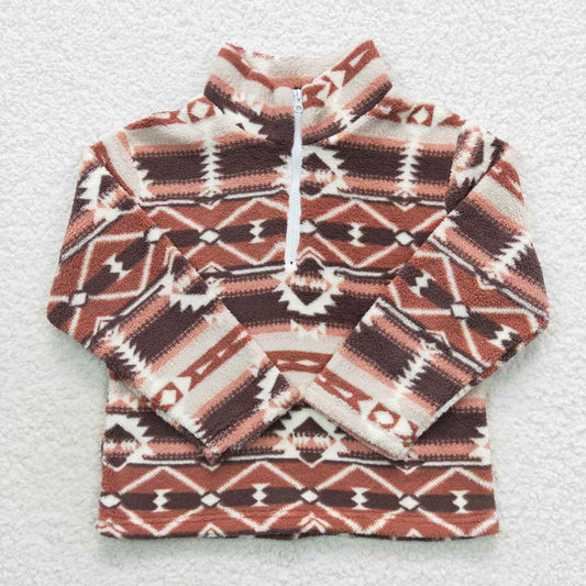 BT0369 Zipper plush style stand-up collar brown geometric soft comfortable winter coat 20230907