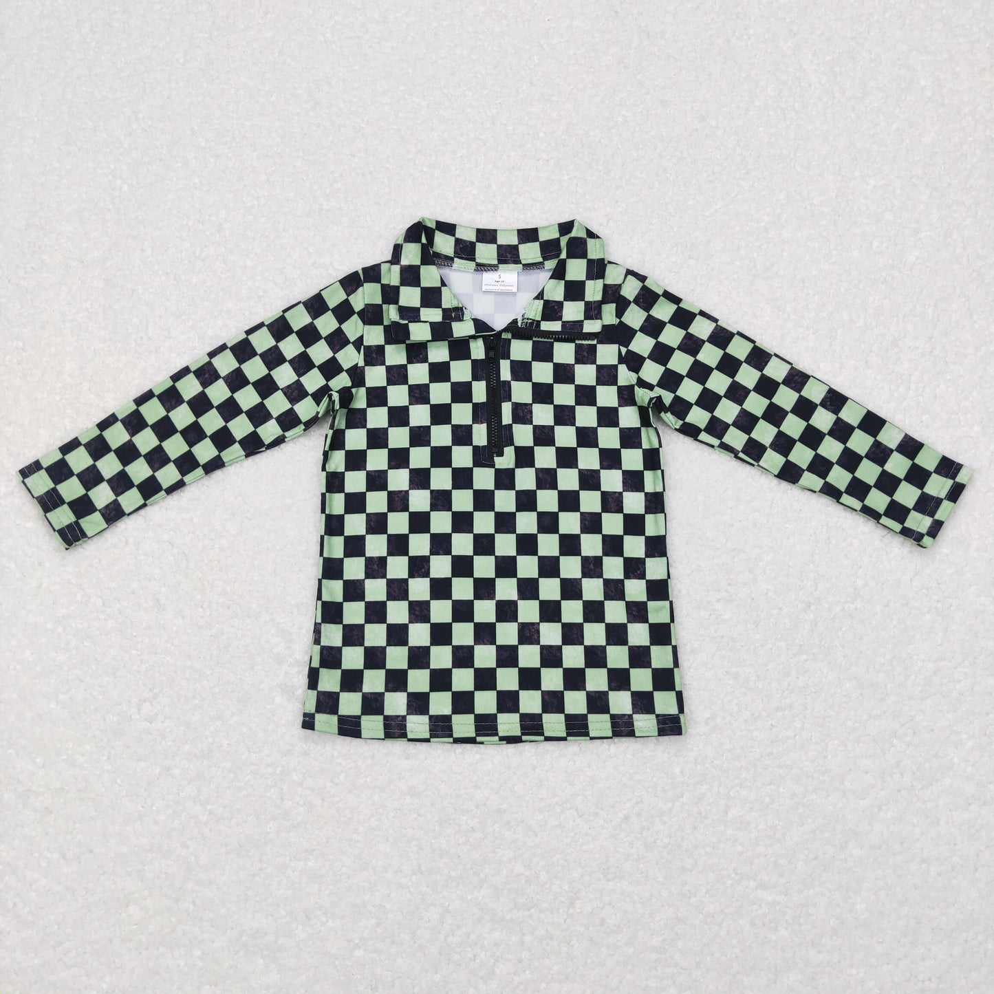 BT0399 western zip checkerboard green girl long sleeve coat pullover top 202411 RTS