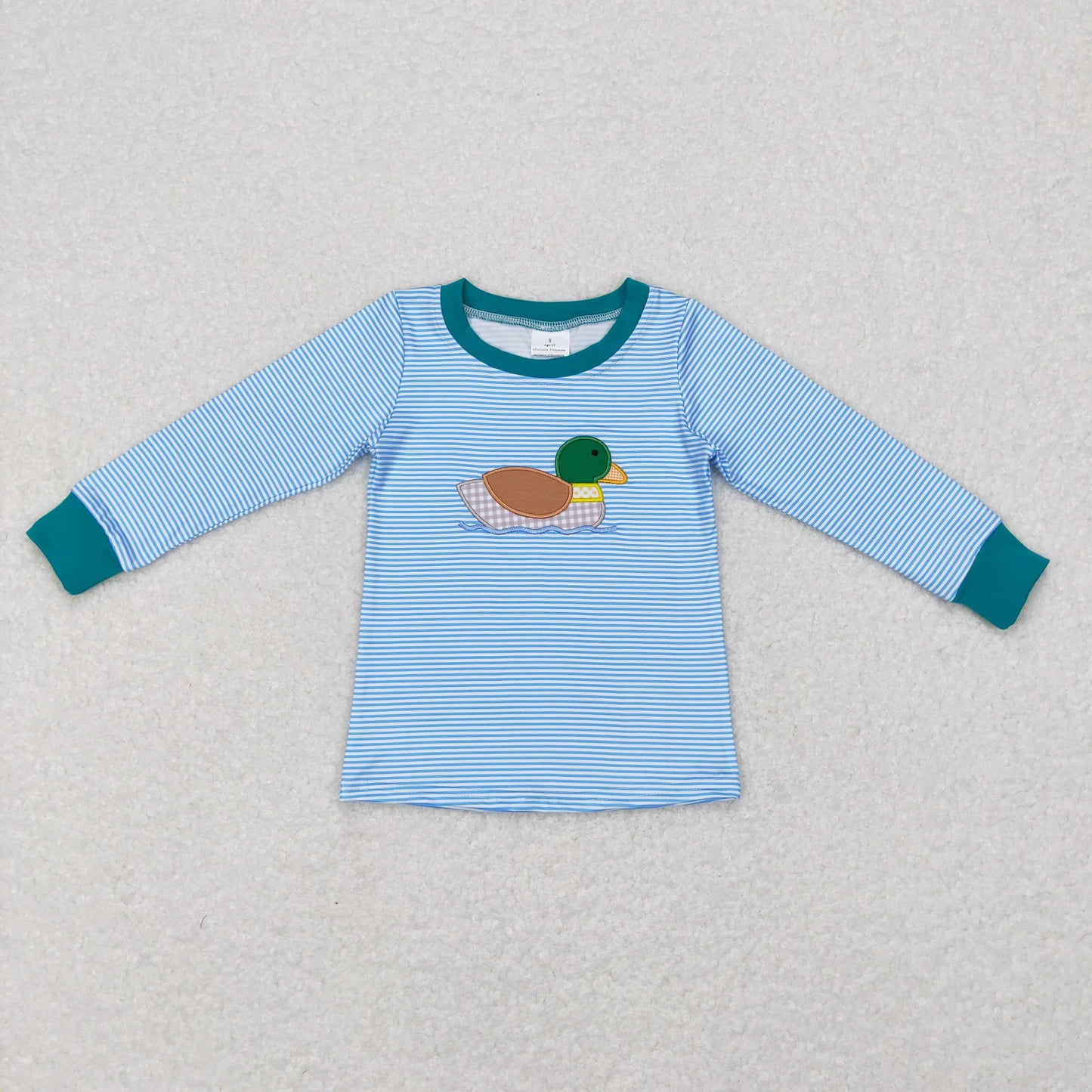 BT0402  long sleeve embroidery duck western blue stripe top button girl shirt 20231103