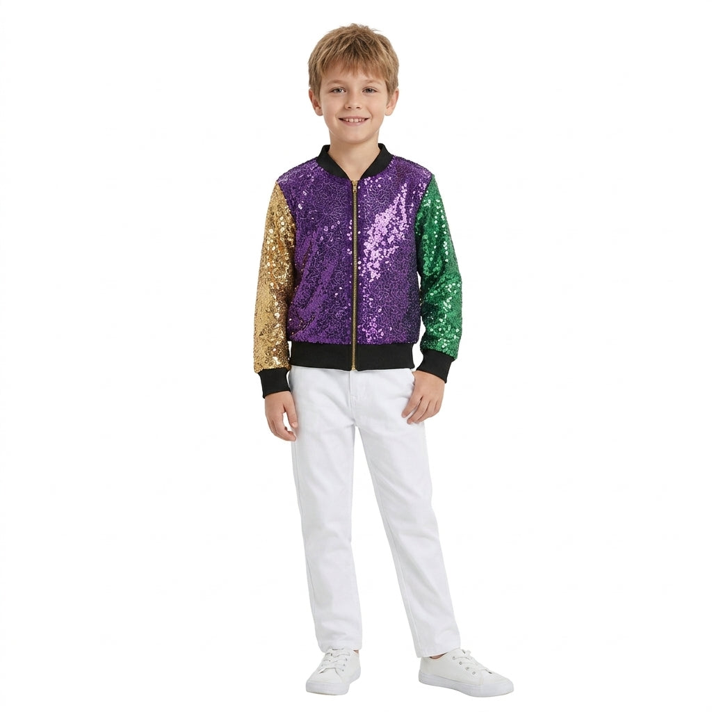 NO MOQ RTS BT0451 Baby Girl Clothes Mardi Gras Purple Gold Green Sequin Color Block Long Sleeve Zipper Bomber Jacket 202610