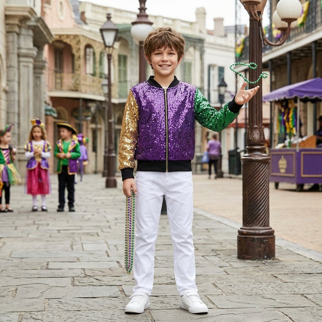 NO MOQ RTS BT0451 Baby Girl Clothes Mardi Gras Purple Gold Green Sequin Color Block Long Sleeve Zipper Bomber Jacket 202610