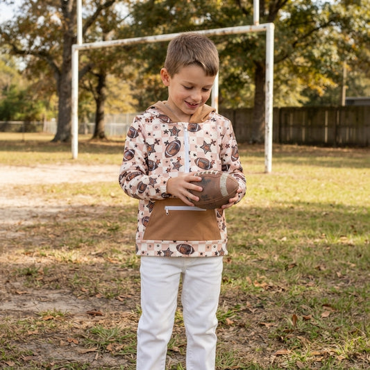 NO MOQ RTS BT1318 Baby Boy Clothes Football Star Checker Allover Print Long Sleeve Half Zip Hoodie 202610