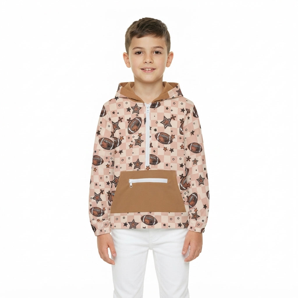 NO MOQ RTS BT1318 Baby Boy Clothes Football Star Checker Allover Print Long Sleeve Half Zip Hoodie 202610