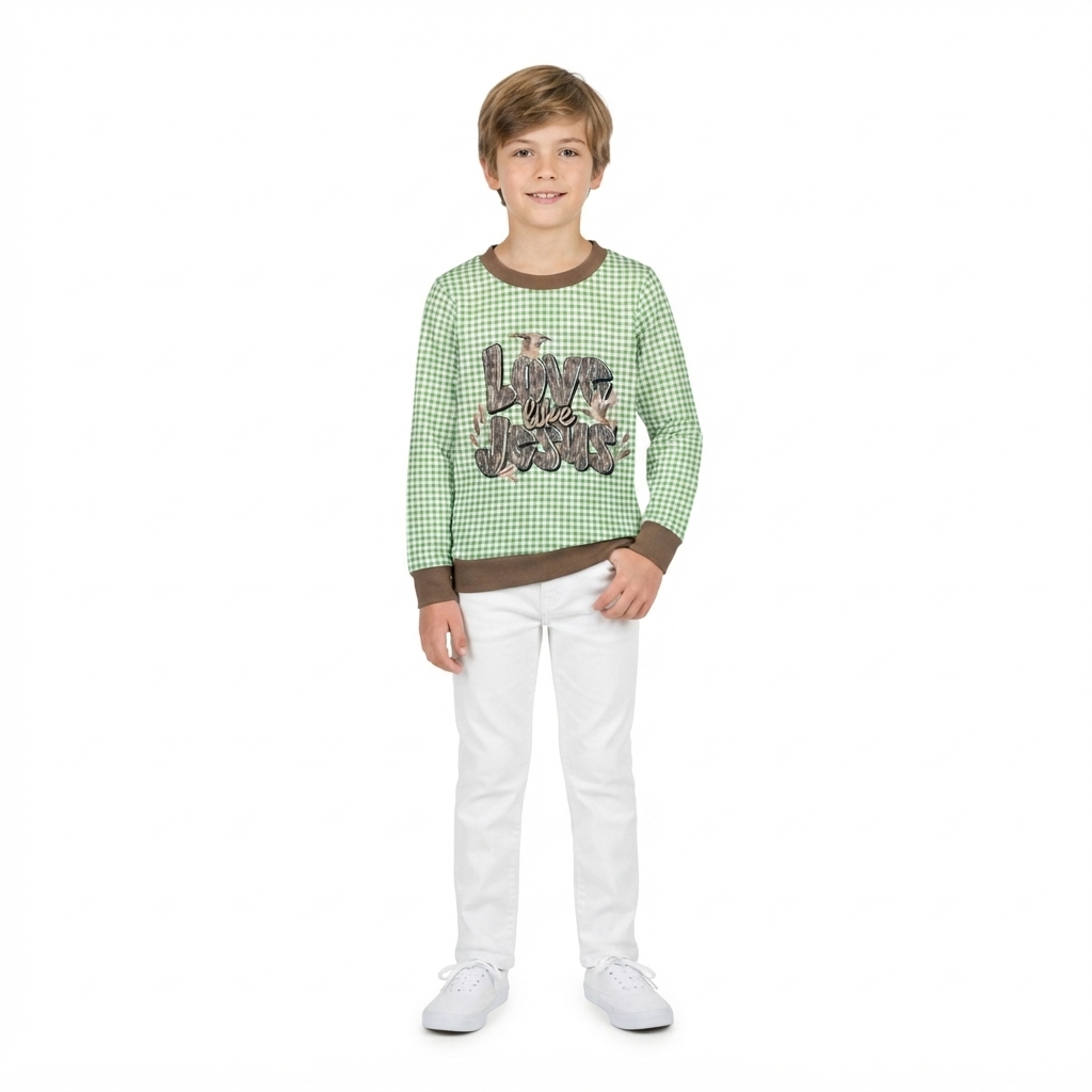 NO MOQ RTS BT1320 Baby Boy Clothes Green Gingham Duck Love Like Jesus Graphic Print Long Sleeve Tee Top 202610