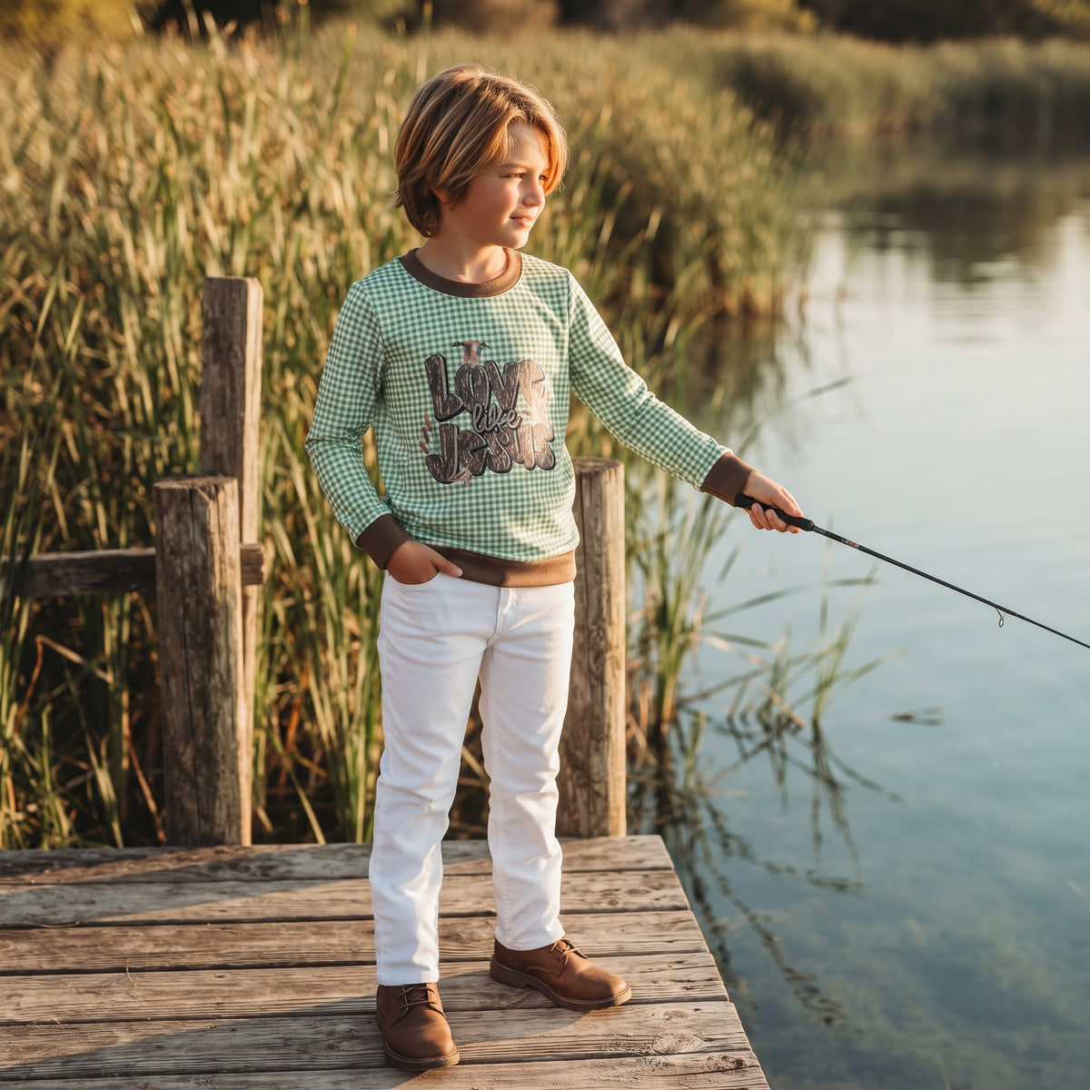 NO MOQ RTS BT1320 Baby Boy Clothes Green Gingham Duck Love Like Jesus Graphic Print Long Sleeve Tee Top 202610