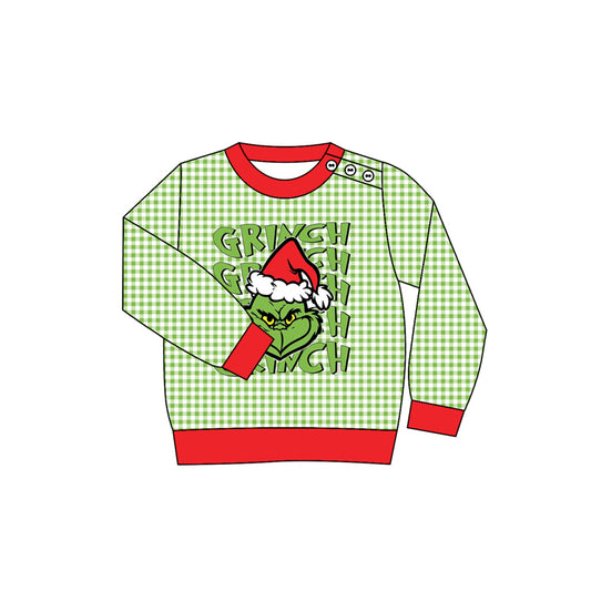 BT1321 Christmas Grinch Green plaid long sleeve boy top coat pullover 202508  preorder