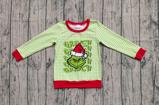 BT1321 Christmas Grinch Green plaid long sleeve boy top coat pullover 202509  preorder