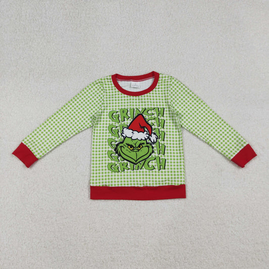 BT1321 Christmas Grinch Green plaid long sleeve boy top coat pullover 202509  RTS