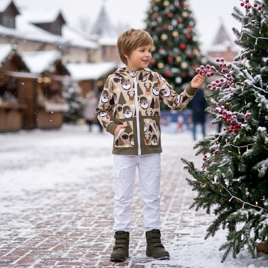 NO MOQ RTS BT1328 Boy Clothes Christmas Santa Reindeer Tree Camo Print Long Sleeve Zip Up Hooded Jacket 202610
