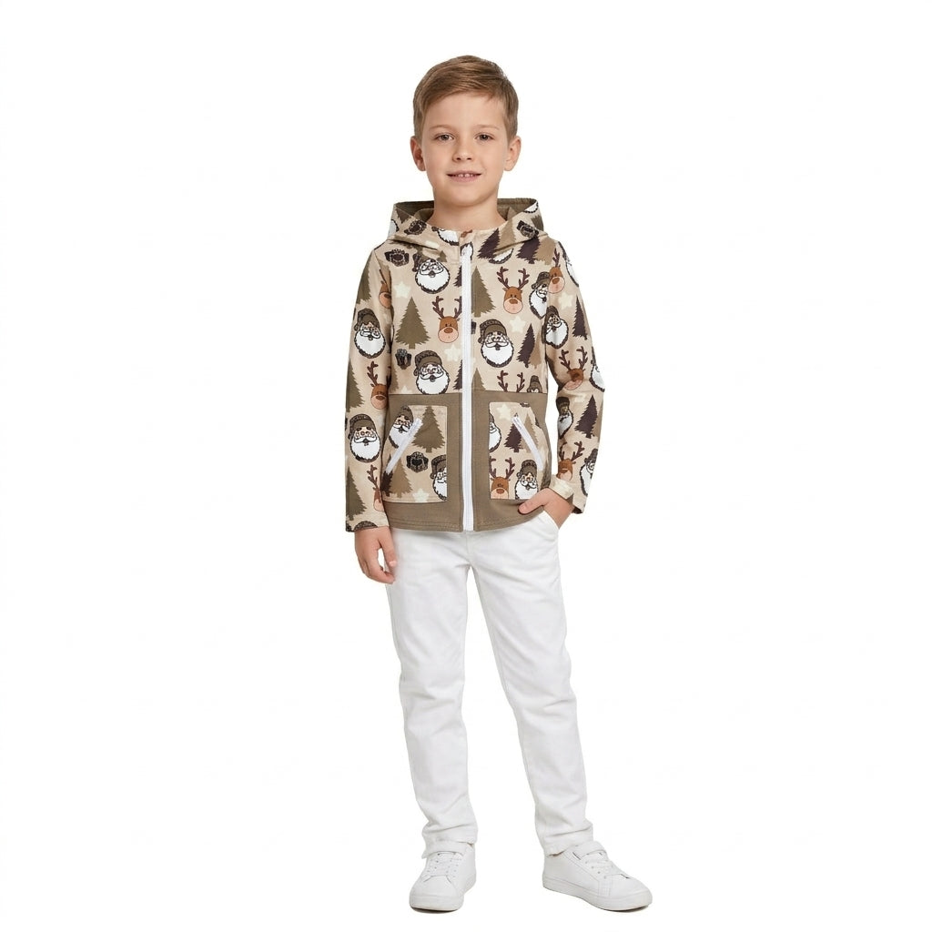 NO MOQ RTS BT1328 Boy Clothes Christmas Santa Reindeer Tree Camo Print Long Sleeve Zip Up Hooded Jacket 202610