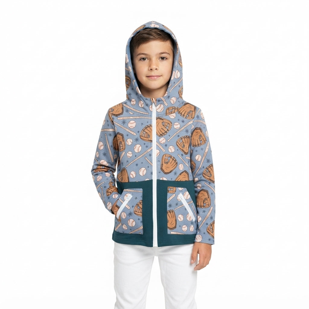 NO MOQ RTS BT1342 Baby Boy Clothes Baseball Glove Bat Allover Print Long Sleeve Full Zip Hoodie 202610