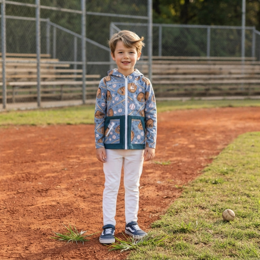 NO MOQ RTS BT1342 Baby Boy Clothes Baseball Glove Bat Allover Print Long Sleeve Full Zip Hoodie 202610