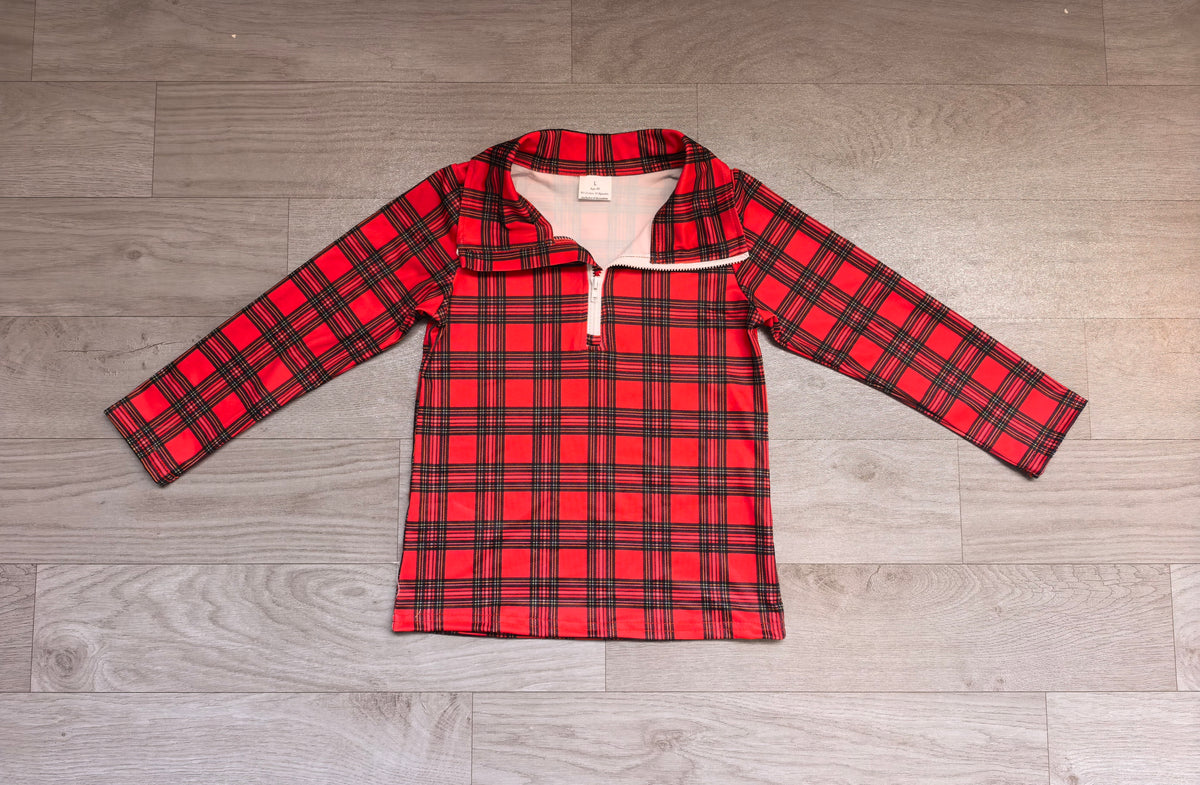 Sample-Real Pics BT1350 Baby Girl Clothes Red Tartan Plaid Print Long Sleeve Half Zip Collar Top