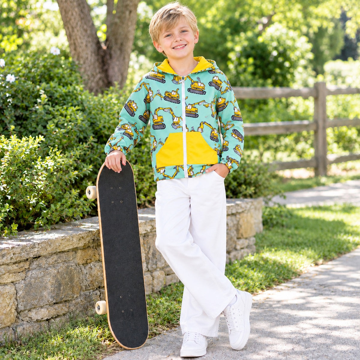 NO MOQ RTS BT1378 Baby Boy Clothes Construction Truck Allover Print Long Sleeve Hooded Zip Rash Guard 202610