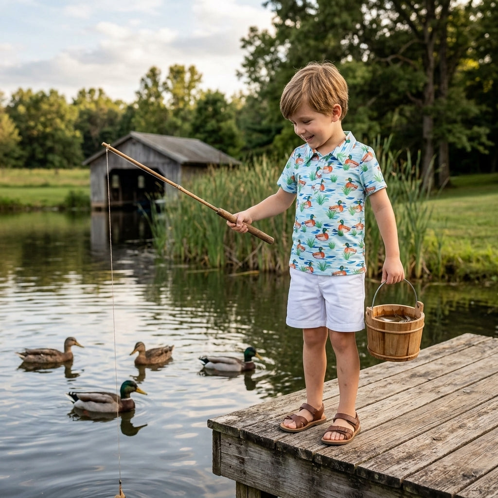 NO MOQ RTS BT1381 Baby Boy Clothes Mallard Duck Water Grass Print Short Sleeve Polo Shirt 202609