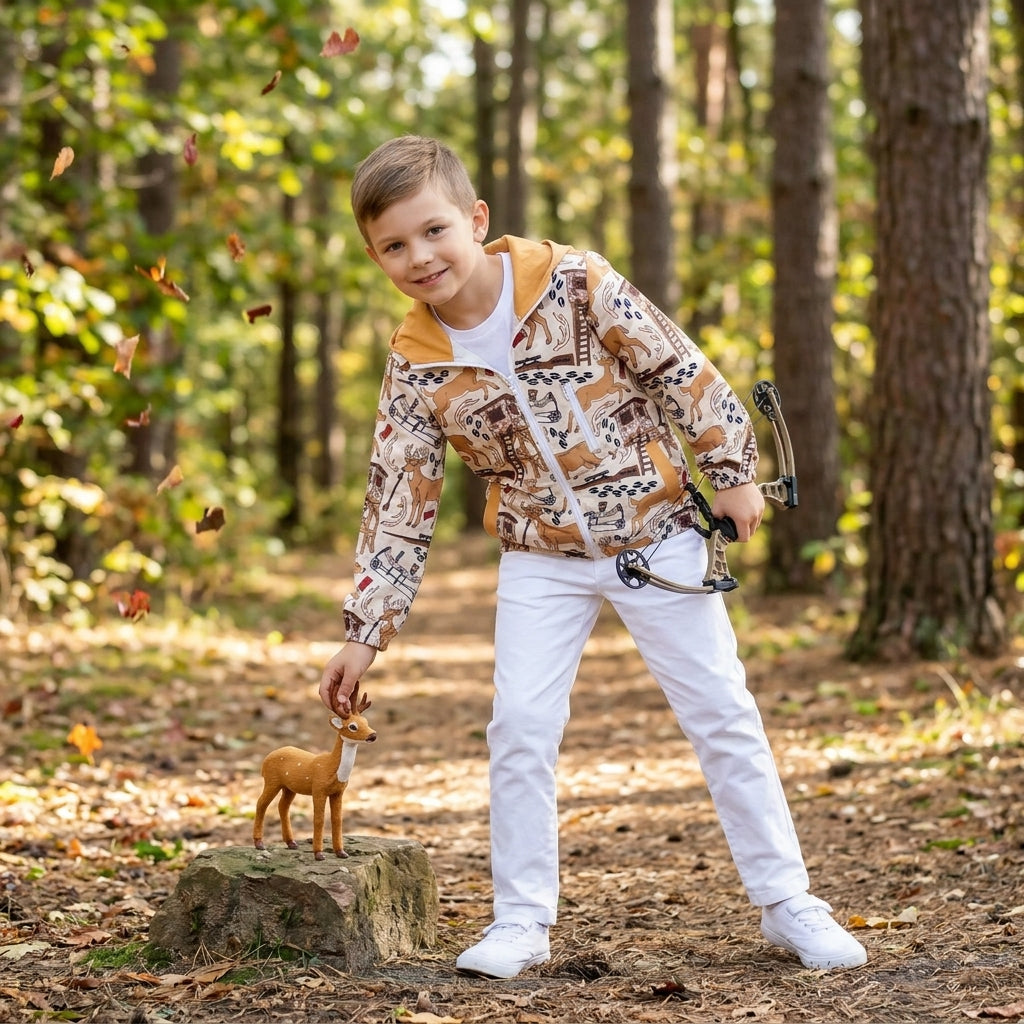 NO MOQ RTS BT1567 Baby Boy Clothes Hunting Deer Animal Mixed Print Long Sleeve Zipper Hooded Jacket 202610