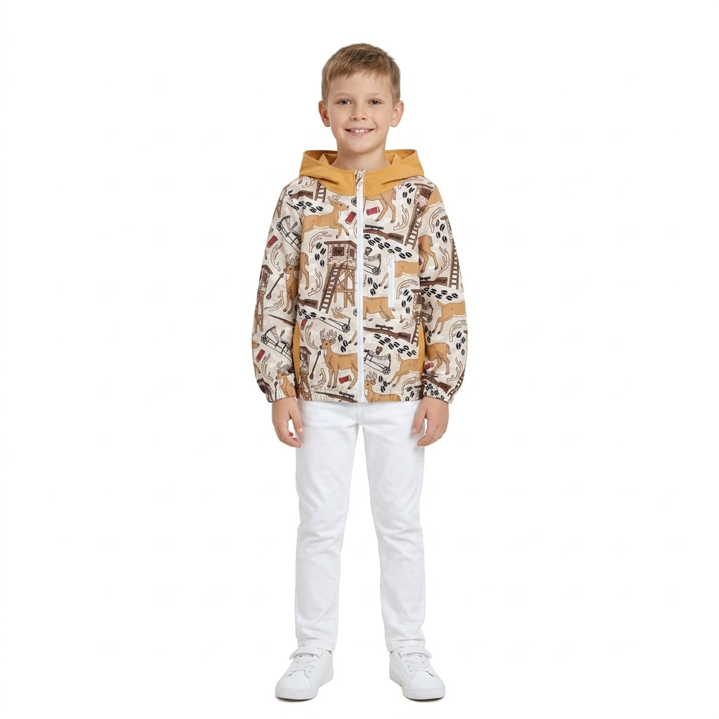 NO MOQ RTS BT1567 Baby Boy Clothes Hunting Deer Animal Mixed Print Long Sleeve Zipper Hooded Jacket 202610