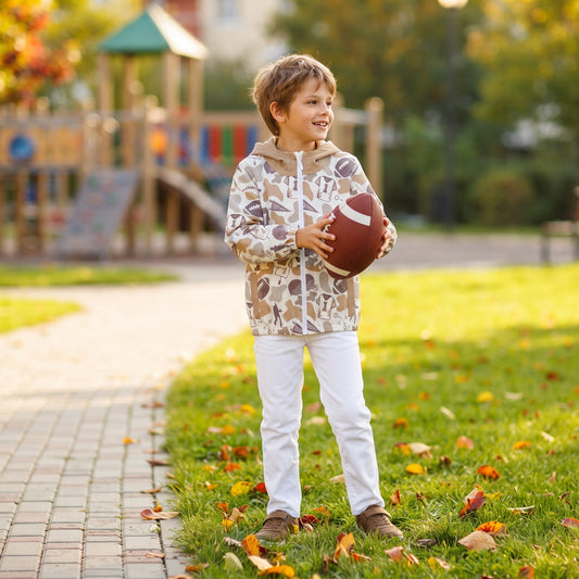 NO MOQ RTS BT1570 Baby Boy Football Camo Mixed Print Long Sleeve Hooded Zip Jacket 202610