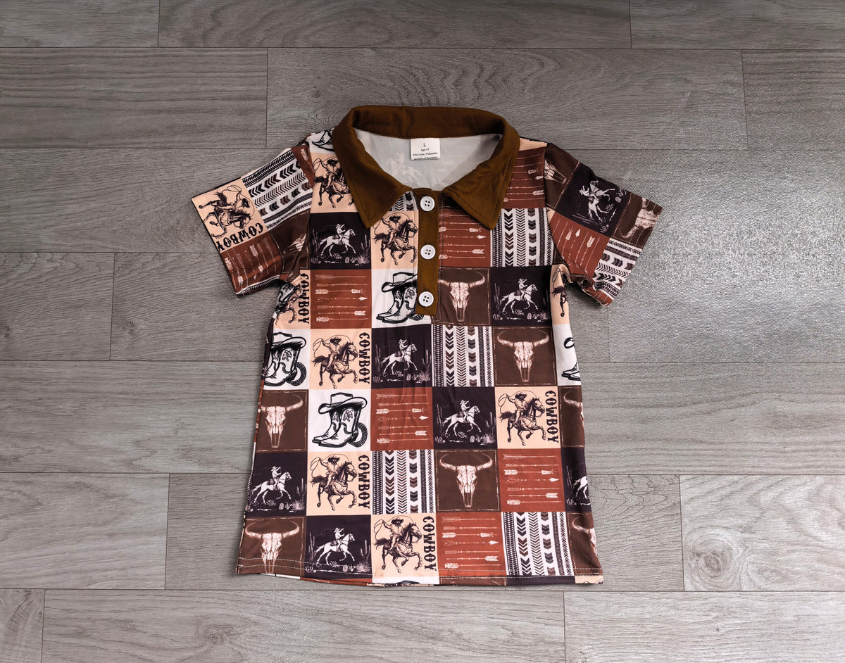 Sample-Real Pics BT1670 Baby Boy Clothes Western Cowboy Patchwork Print Short Sleeve Polo Shirt