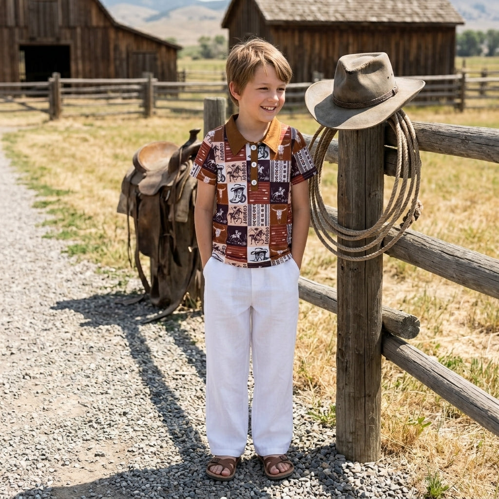 NO MOQ RTS BT1670 Baby Boy Clothes Vintage Cowboy Patchwork Print Short Sleeve Polo Shirt 202610