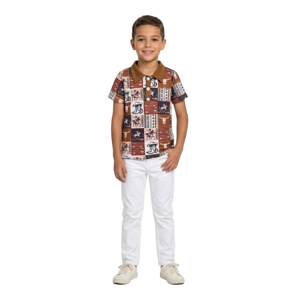NO MOQ RTS BT1670 Baby Boy Clothes Vintage Cowboy Patchwork Print Short Sleeve Polo Shirt 202610
