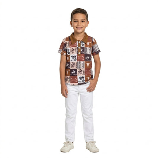 NO MOQ RTS BT1670 Baby Boy Clothes Vintage Cowboy Patchwork Print Short Sleeve Polo Shirt 202610