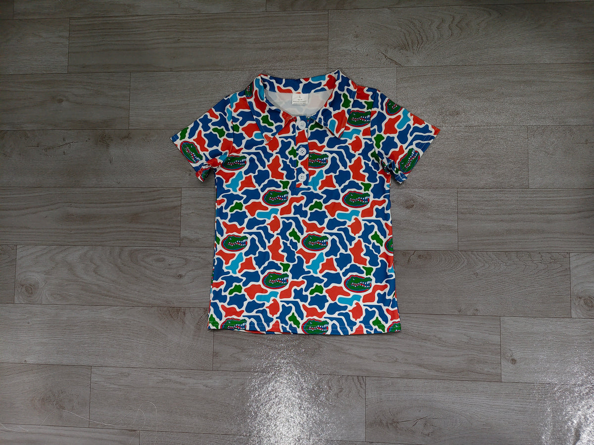 Sample-Real Pics BT1695 Baby Girl Clothes Alligator Camo Mixed Print Short Sleeve Polo Shirt