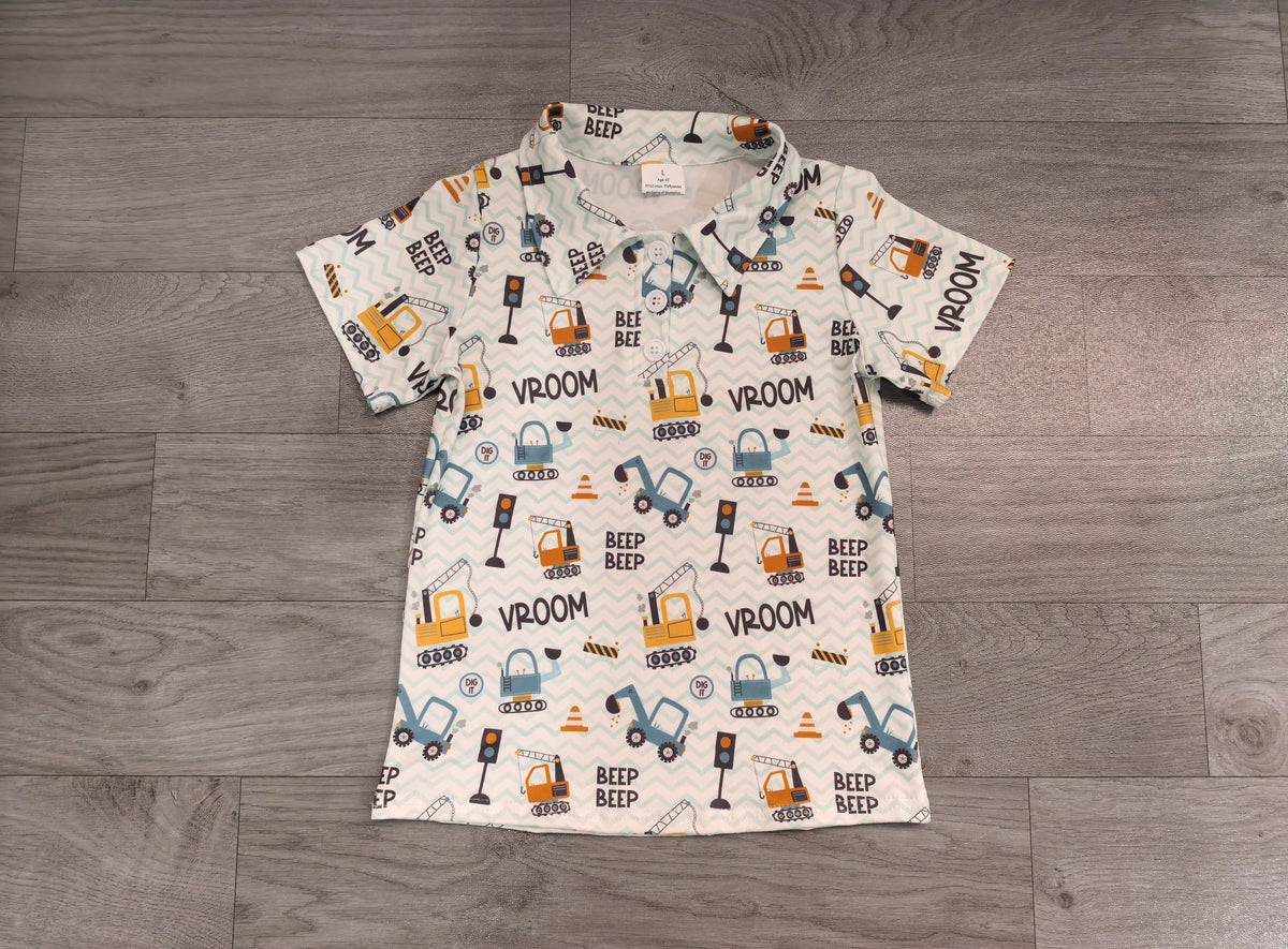 Sample-Real Pics BT1793 Baby Boy Clothes Construction Truck Cartoon Print Short Sleeve Polo Shirt