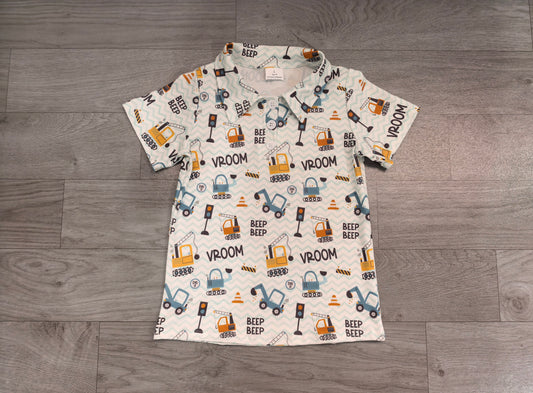Sample-Real Pics BT1793 Baby Boy Clothes Construction Truck Cartoon Print Short Sleeve Polo Shirt