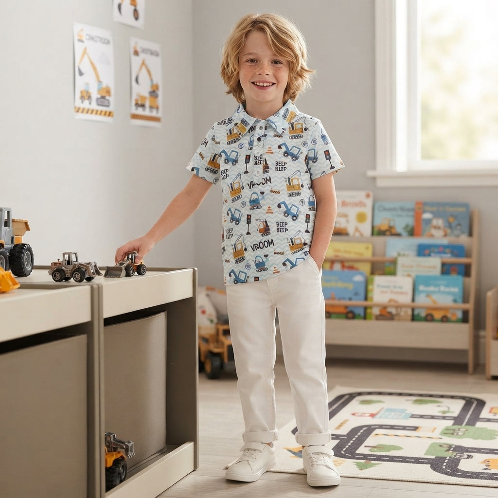 NO MOQ RTS BT1793 (2) Baby Boy Clothes Construction Truck Chevron Print Short Sleeve Polo Shirt 202609