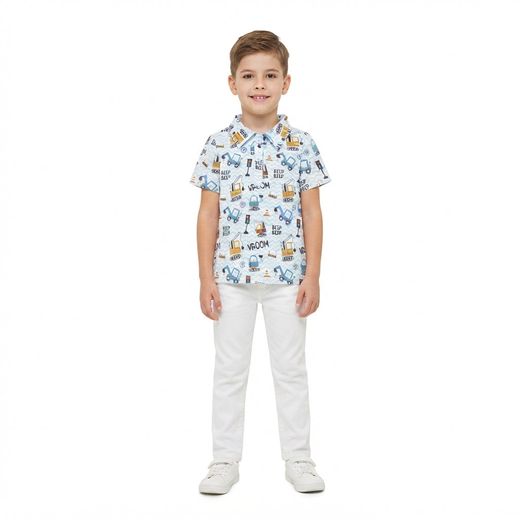 NO MOQ RTS BT1793 (2) Baby Boy Clothes Construction Truck Chevron Print Short Sleeve Polo Shirt 202609