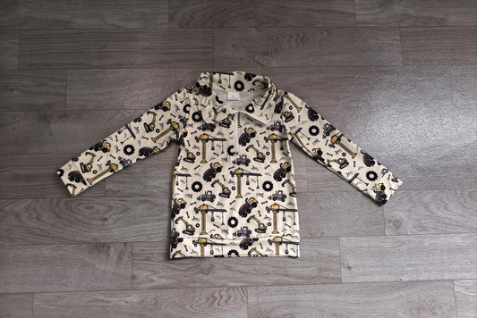 Sample-Real Pics BT1835 Baby Boy Clothes Construction Vehicle Mixed Print Long Sleeve Half Zip Top 2. Sample-Real Pics Baby Girl
