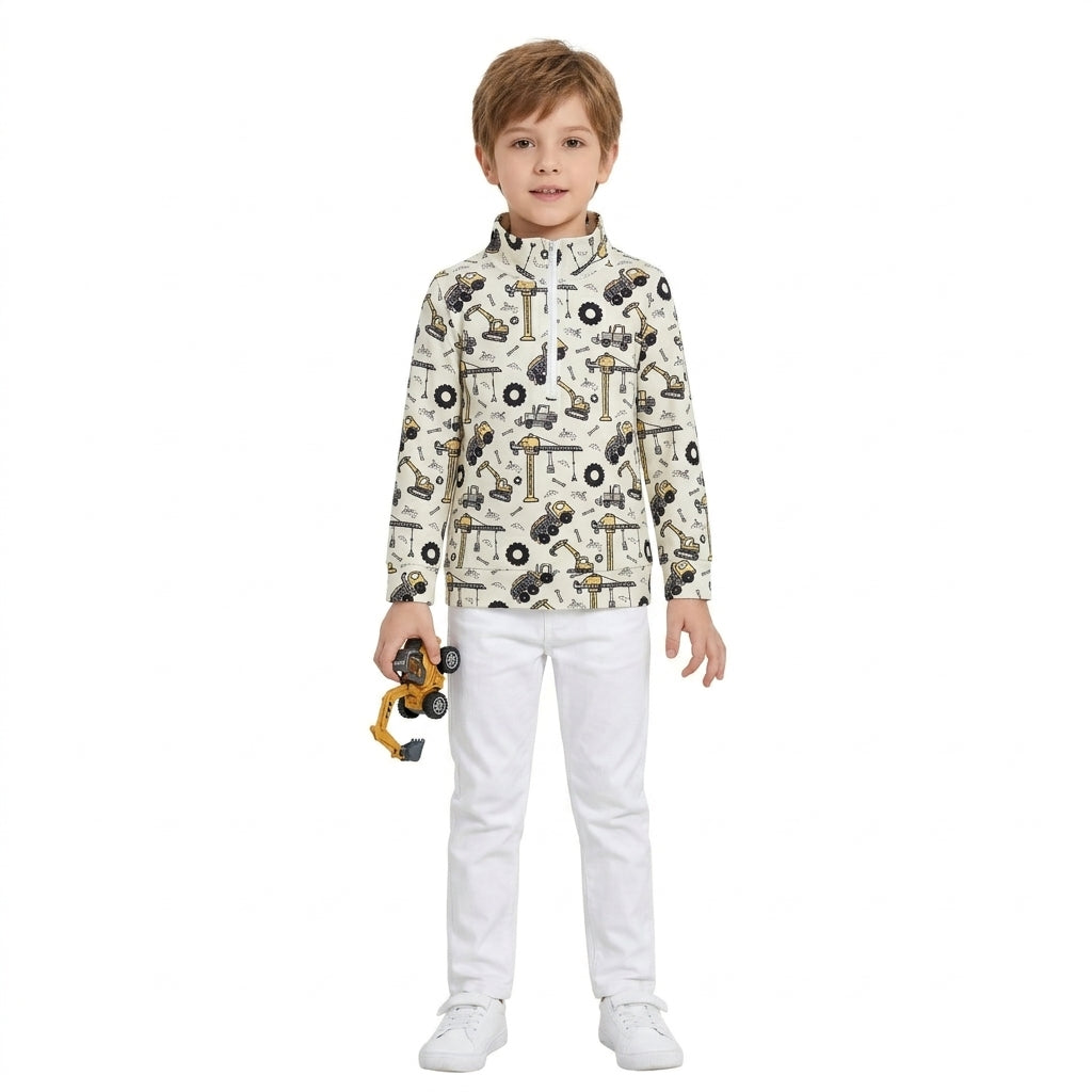 NO MOQ RTS BT1835 Baby Boy Clothes Construction Truck Print Long Sleeve Half Zip Top 202610