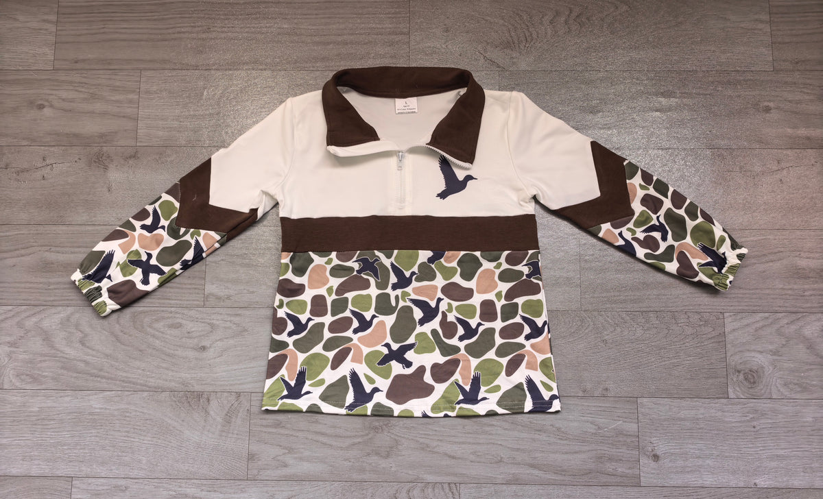Sample-Real Pics BT1857 Baby Boy Clothes Duck Camo Color Block Print Long Sleeve Half Zip Pullover Top