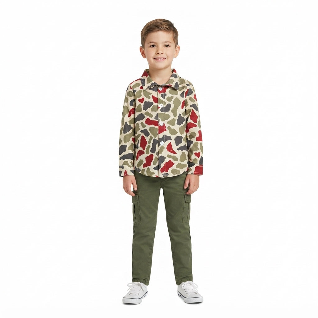 NO MOQ RTS BT1875(1) Baby Boy Clothes Christmas Camo Santa Print Long Sleeve Button Down Shirt 202609