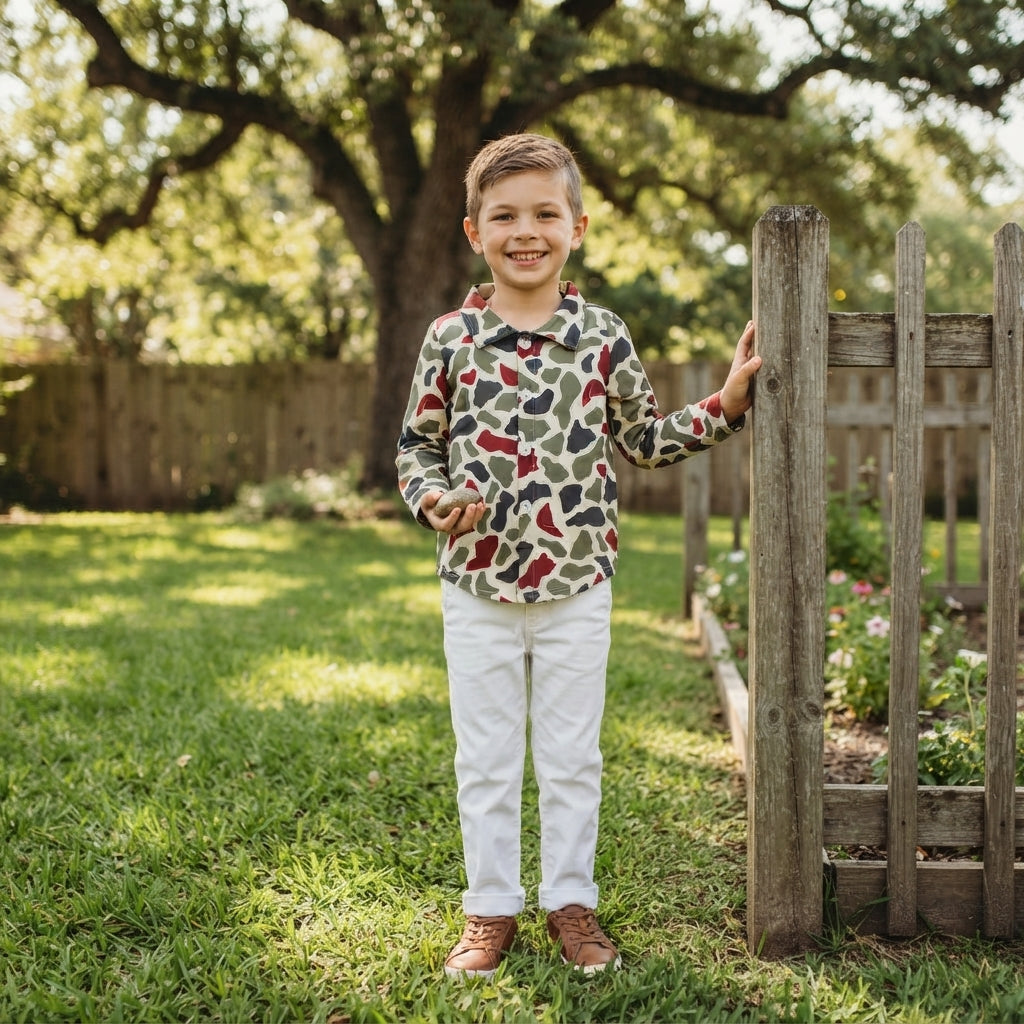 NO MOQ RTS BT1875(1) Baby Boy Clothes Christmas Camo Santa Print Long Sleeve Button Down Shirt 202609