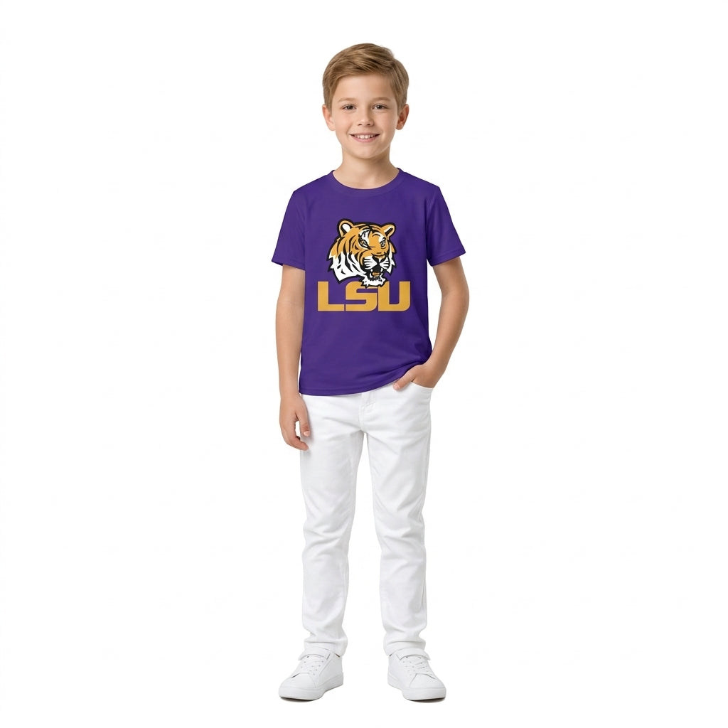 NO MOQ RTS BT1884-vinyl Baby Boy Clothes LSU Tiger Logo Graphic Print Short Sleeve Tee Shirt Top 202610