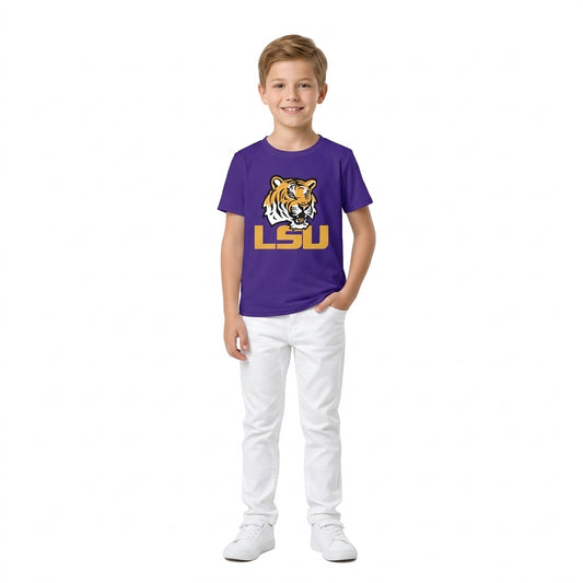 NO MOQ RTS BT1884-vinyl Baby Boy Clothes LSU Tiger Logo Graphic Print Short Sleeve Tee Shirt Top 202610