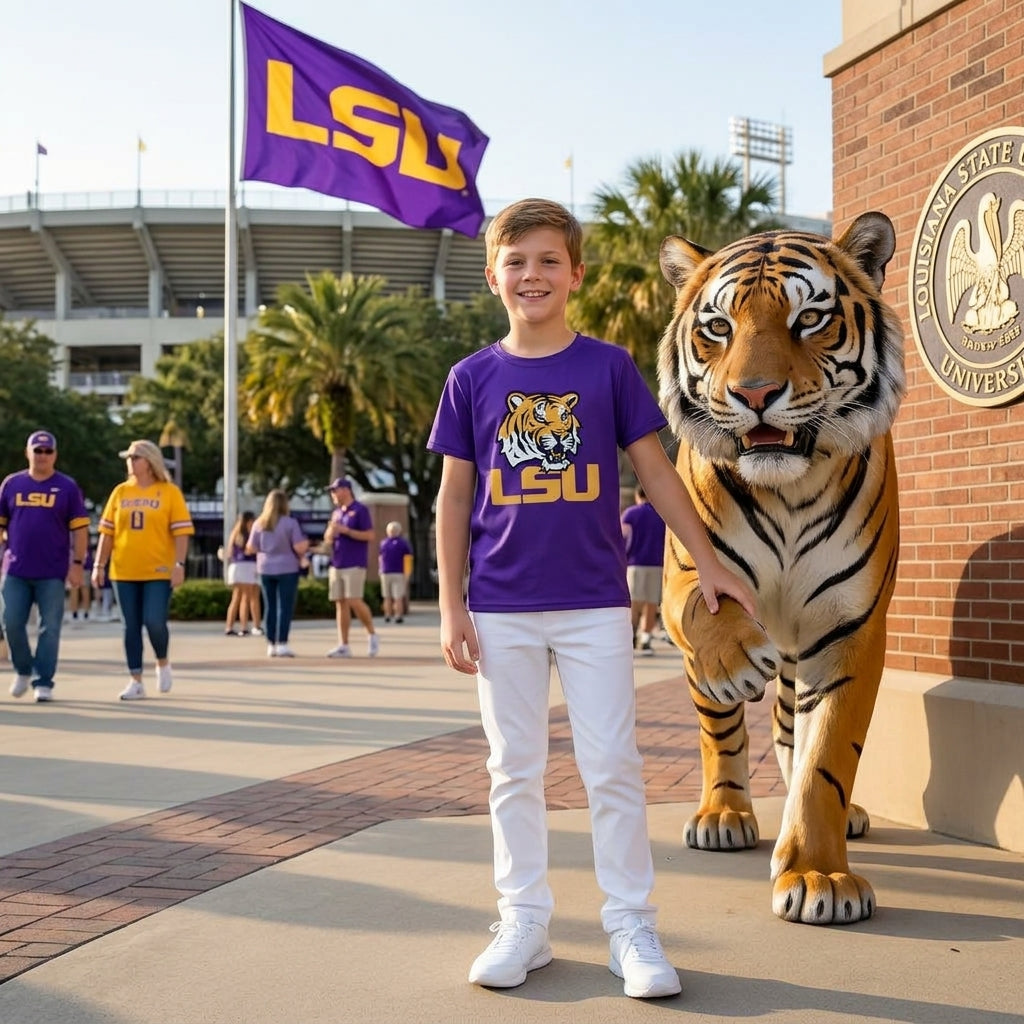 NO MOQ RTS BT1884-vinyl Baby Boy Clothes LSU Tiger Logo Graphic Print Short Sleeve Tee Shirt Top 202610