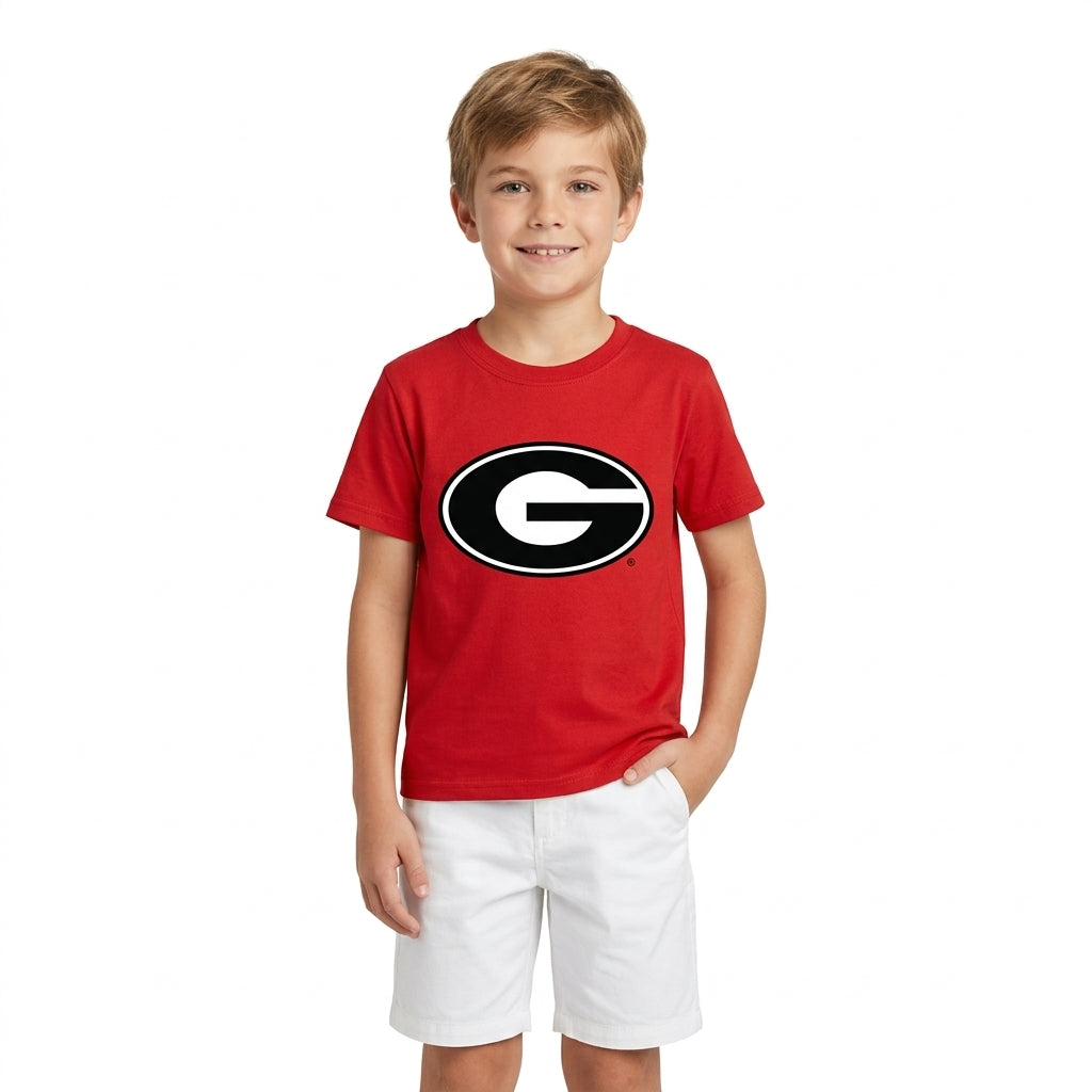 NO MOQ RTS BT1886-vinyl Kids Red Short Sleeve T-Shirt Georgia G Logo Graphic Tee 202609
