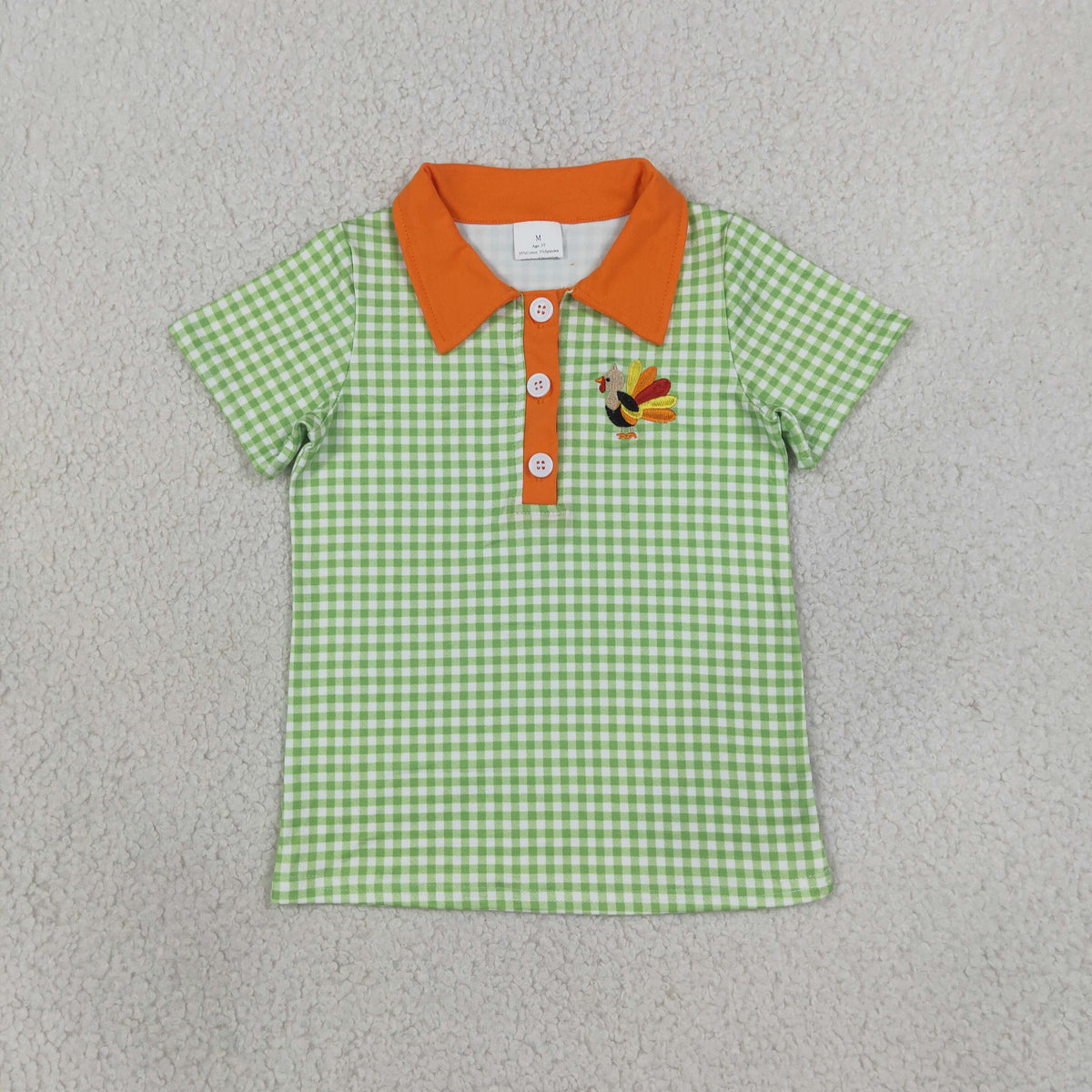 NO MOQ RTS BT1889-embroidery Baby Boy Clothes Green Gingham Turkey Embroidery Print Short Sleeve Polo Shirt 202609