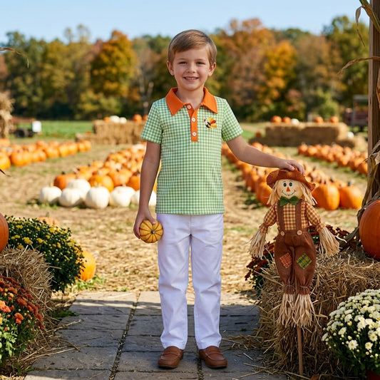 NO MOQ RTS BT1889-embroidery Baby Boy Clothes Green Gingham Turkey Embroidery Print Short Sleeve Polo Shirt 202609