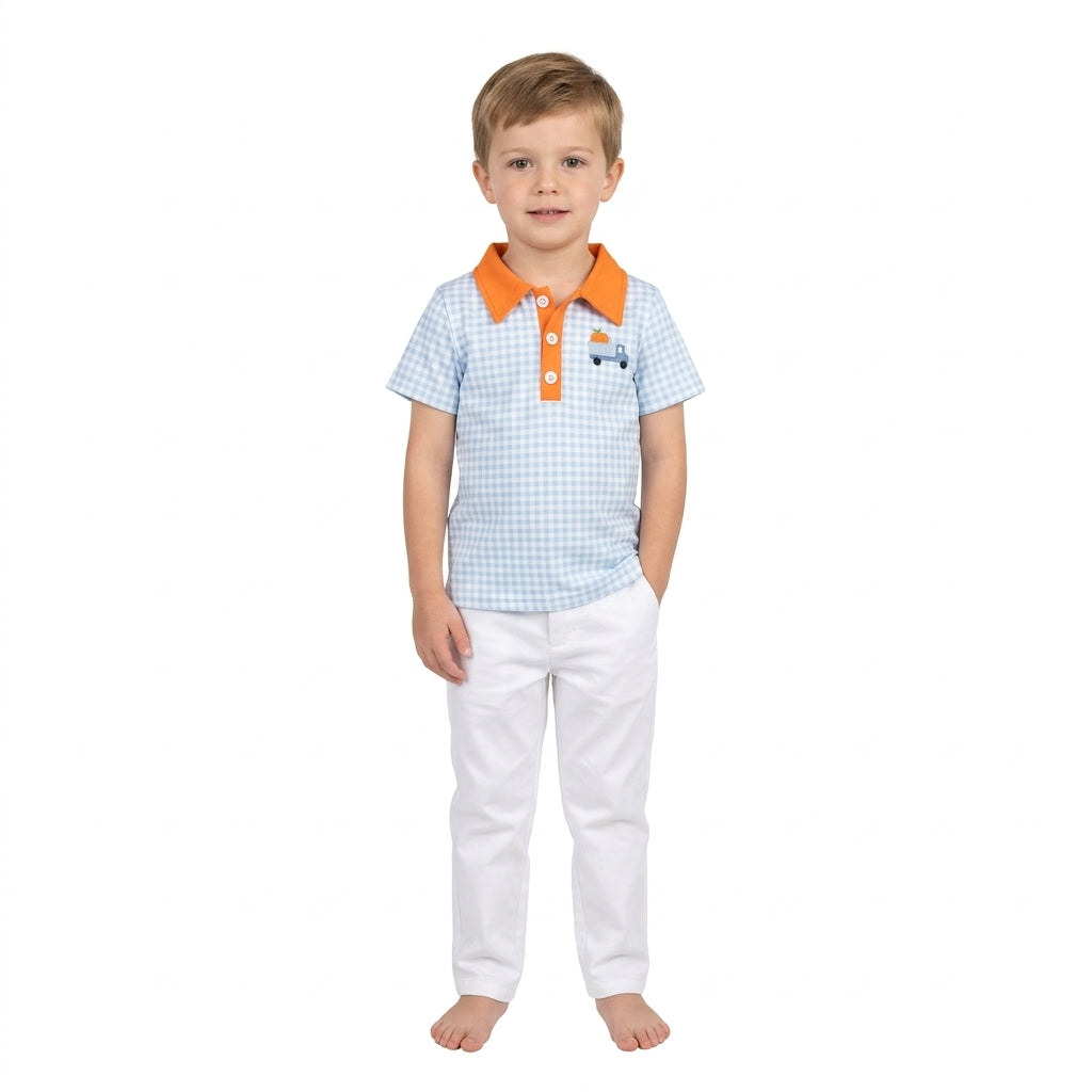 NO MOQ RTS BT1890-embroidery Baby Boy Clothes Blue Gingham Pumpkin Truck Embroidery Short Sleeve Polo Shirt 202609