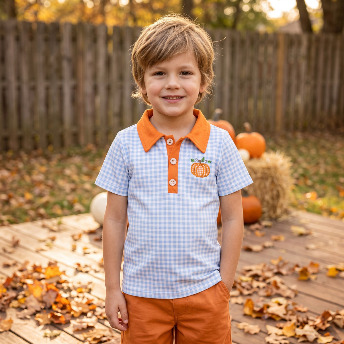 NO MOQ RTS BT1891(1)-embroidery Baby Boy Clothes Light Blue Gingham Pumpkin Embroidery Short Sleeve Polo Shirt 202609